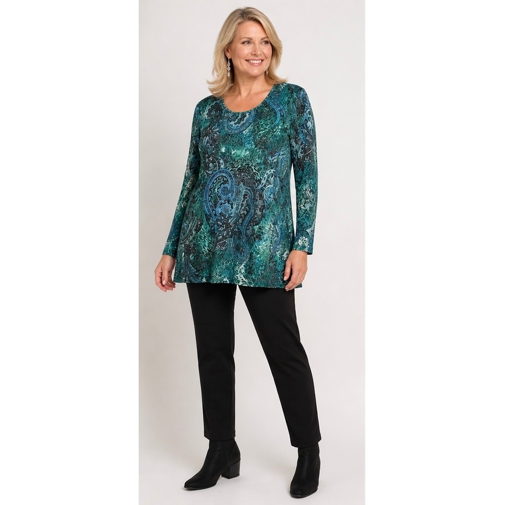 Susan Graver 1X Teal Green Paisley Metallic Liquid Knit Long Sleeve Tunic Top
